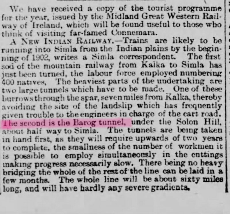 Reference to the Barog tunnel c.1900 (Source - Birmingham Daily Post)