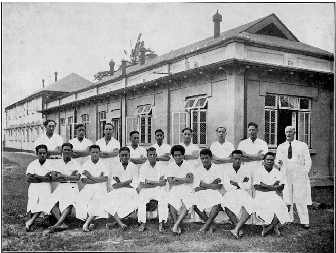 Students with Dr. Hoodless (R), Central Medical School, Fiji, 1937
